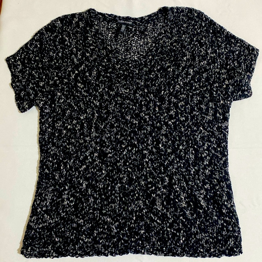 NWOT EILEEN FISHER Women's V-Neck Crochet Short Sleeve Summer Sweater Size M